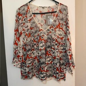 Anthropologie Floral V-Neck Blouse - Orange and Black